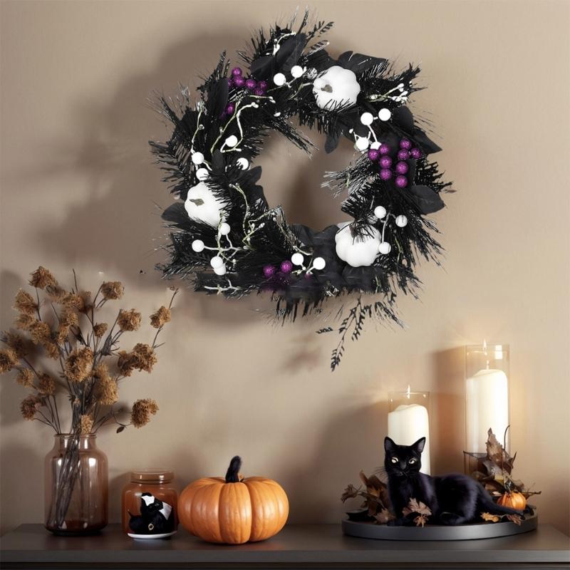 Halloween Door Wreath Gothic Garlands White Pumpkins Front Door Wreath for Indoor Outdoor Holiday Party Decoration