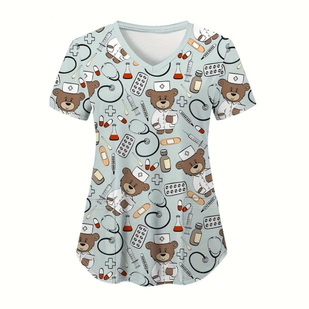 Hauts d'uniforme d'infirmière Animaux de dessin animé pour femmes Uniforme d'infirmière Mode femme Décolleté en V Poche Salopette Uniformes médicaux Uniforme Enfermera