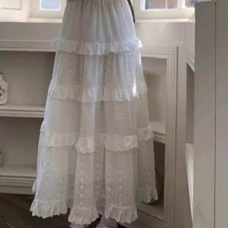Women's Spring Soft Style Hollowed-Out Crochet Half Skirt High-Waisted A-Line Tiered Cake Skirt Long White Skirt