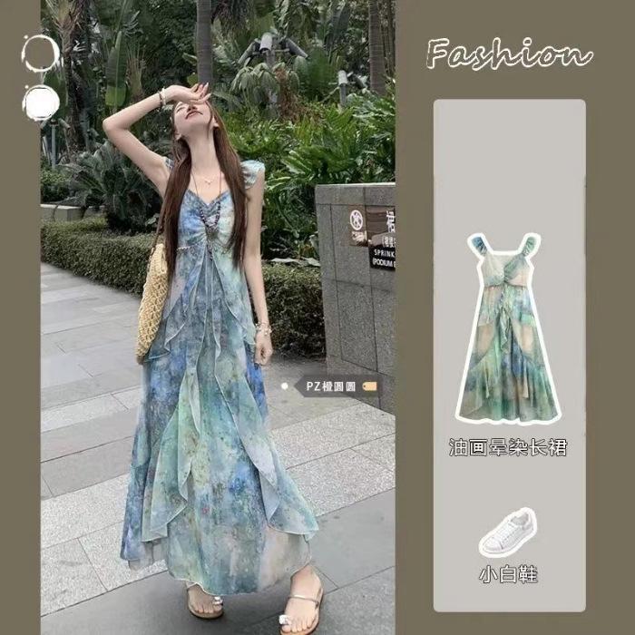 

French forest floating summer temperament vacation suspender dress smudged summer new waist skirt new fashion S