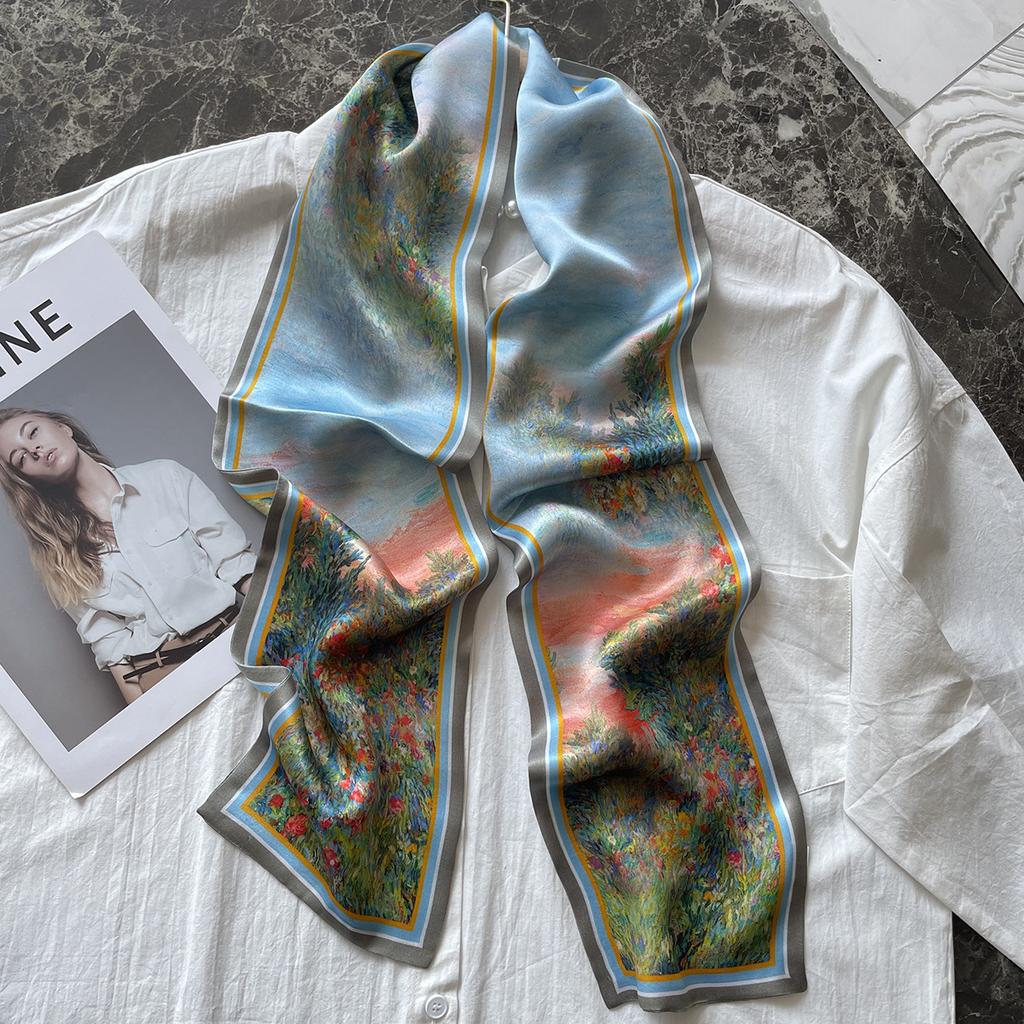 Oil painting, landscape painting, silk silk scarf, women's slender silk scarf, high-end double-layer double-sided streamer, sunscreen shawl