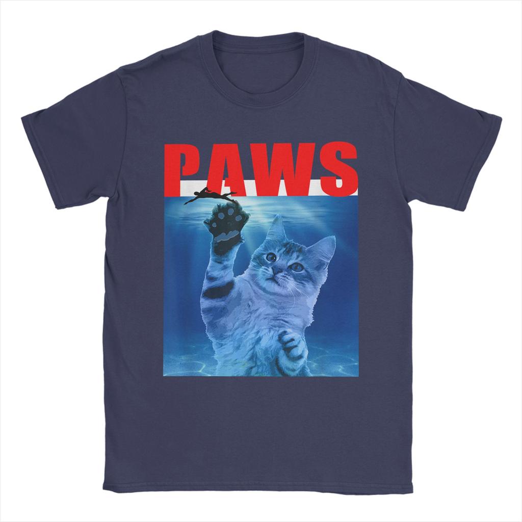 PAWS Funny Cat Parody For Shark And Cat Lovers TShirt Beach Y2K TShirts Cotton Tshirt For Men ShortSleeved Casual Tees