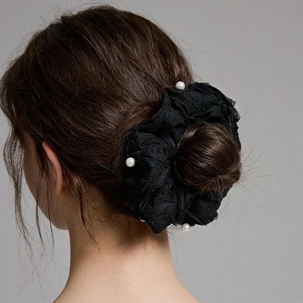 Lace Pearl Scrunchie JP-24-391S black