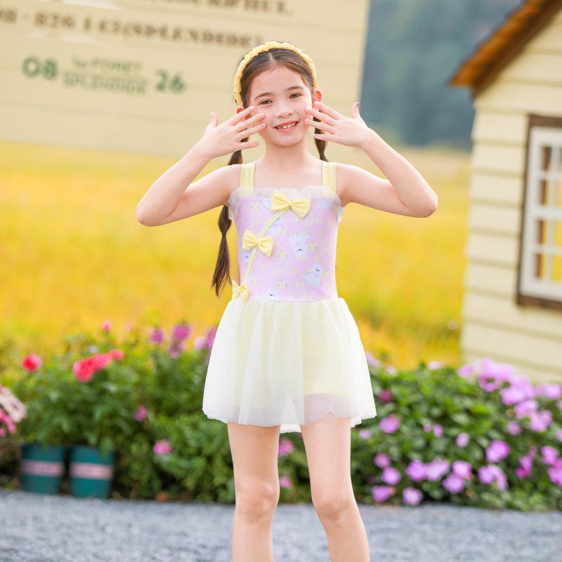Korean Style Girls' Floral Strappy One-Piece Swimsuit with Bowknot and Gauze Skirt