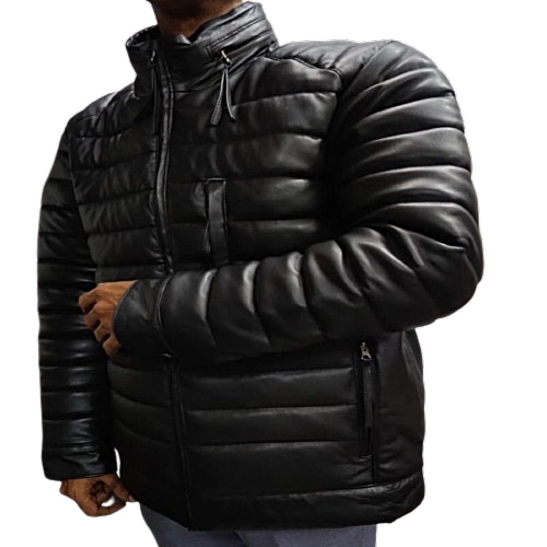 Мужская куртка-пуховик - высококачественная черная кожа ягненка — фото 7