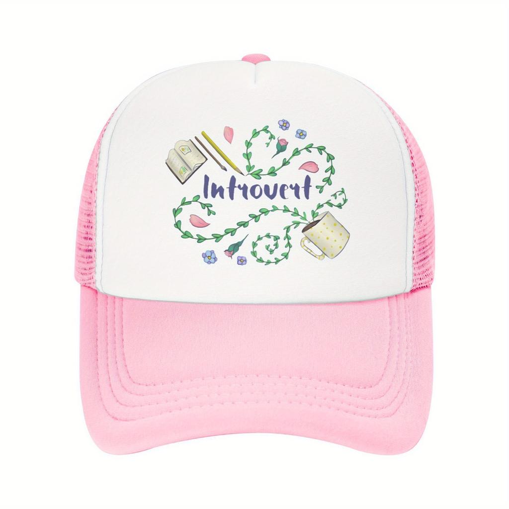 Introvert Floral Design Trucker Hat Polyester Mesh Baseball Cap Casual Unisex Adjustable Headwear