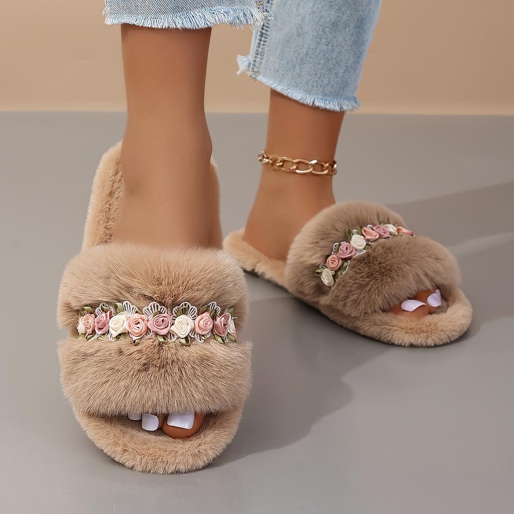Blumendekor Flauschige Hausschuhe Lässig Offene Zehen Plüschschuhe Bequeme Indoor Hausschuhe