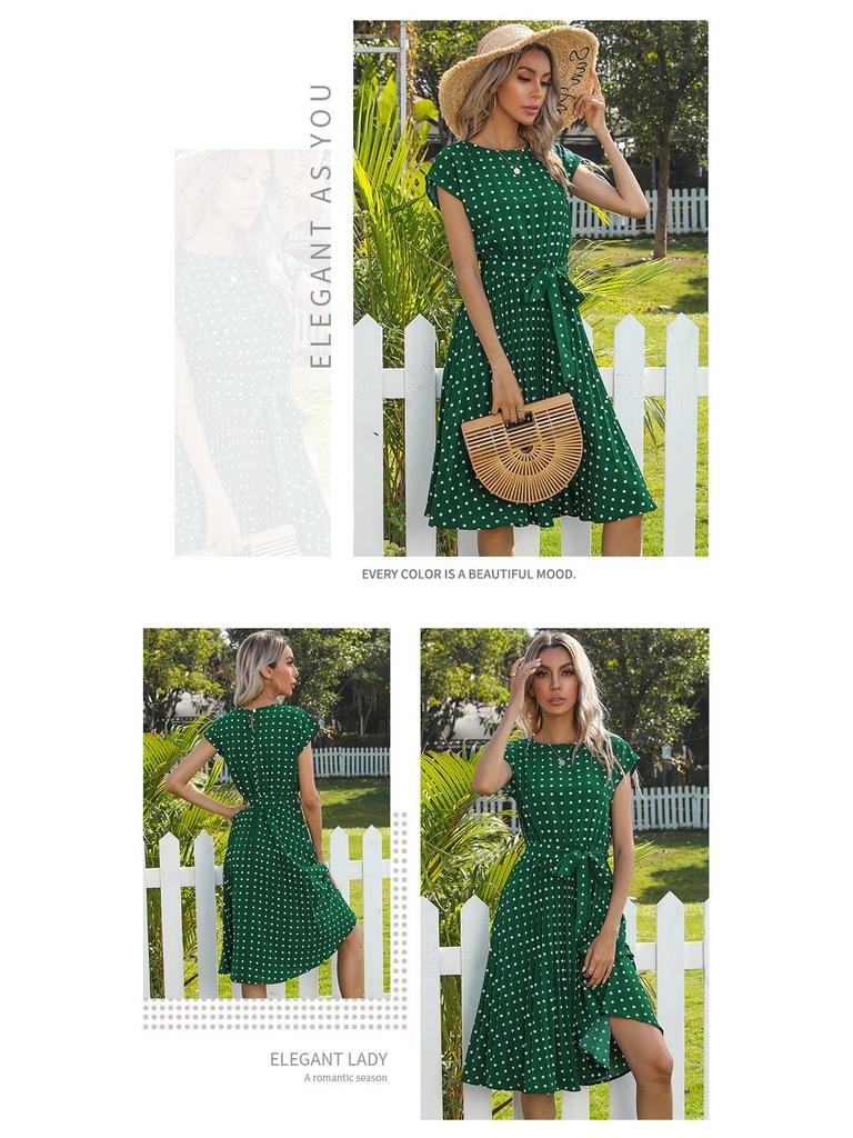 2026 Summer Polka Dot Pleated Lace-up Dress - Mid-length Casual Short-sleeved Style for European and American Markets