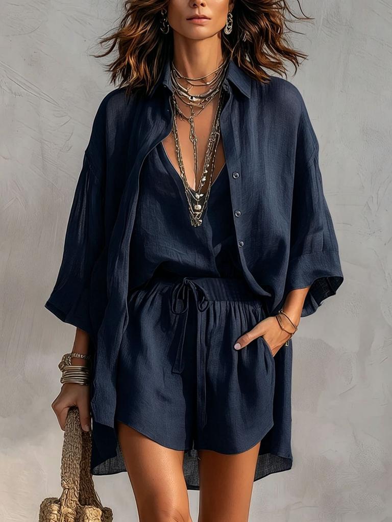 European and American cross-border foreign trade summer lapel breasted nine-point sleeve cardigan deep V-neck vest shorts casual three-piece set women