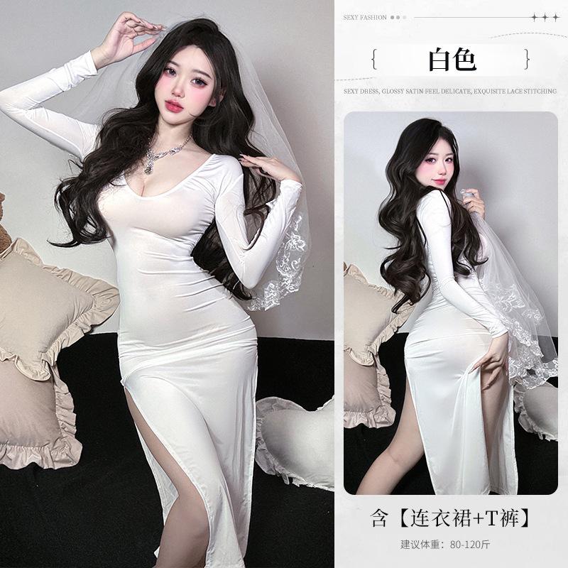 New Sexy Mesh Lace Sheer Long Dress V Neck Sweet Tops Slit Dress Pure Desire Uniform Sleeping Clothes  Dress Elegant 1E4K
