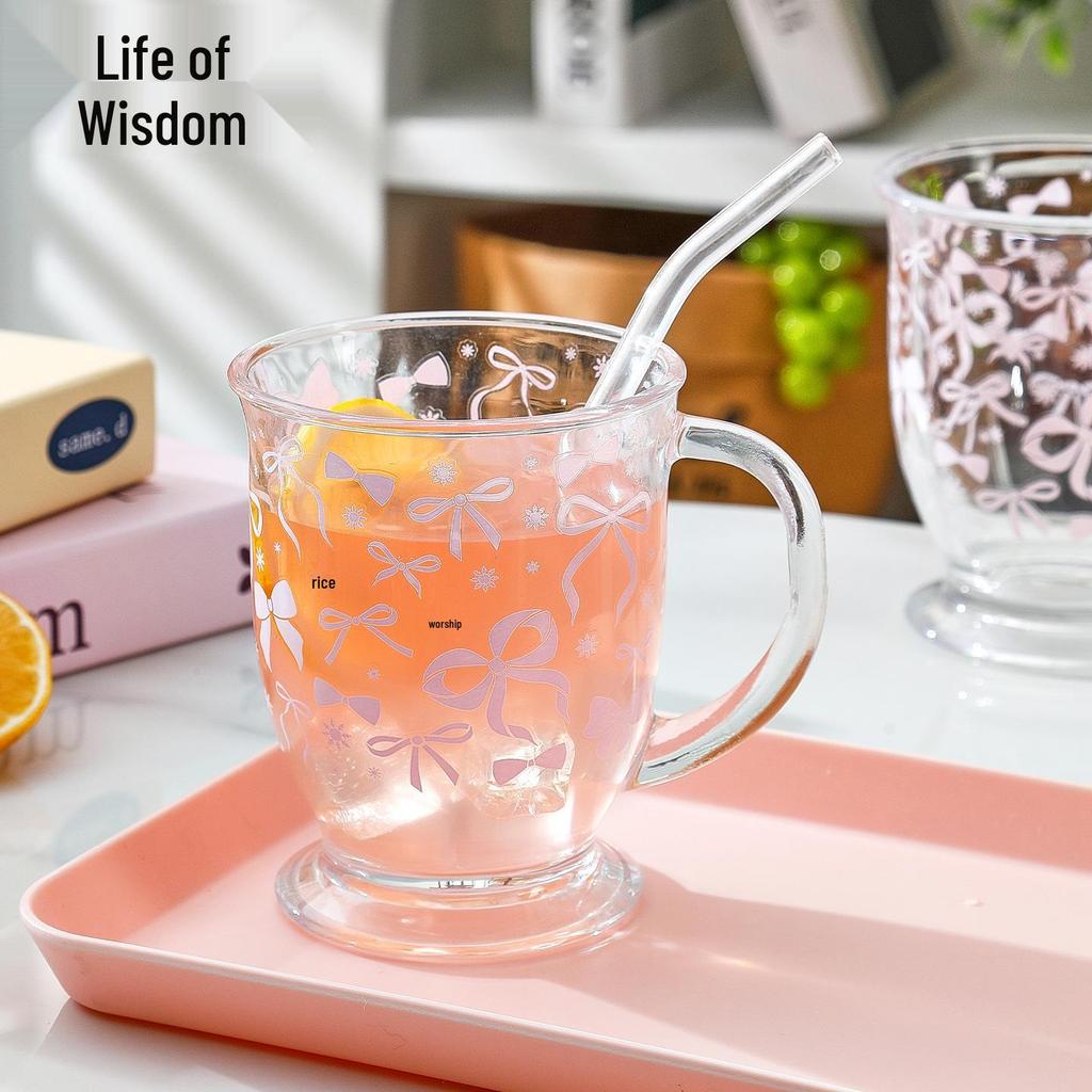 Floral Bow Large Capacity Glass Cup with Handle