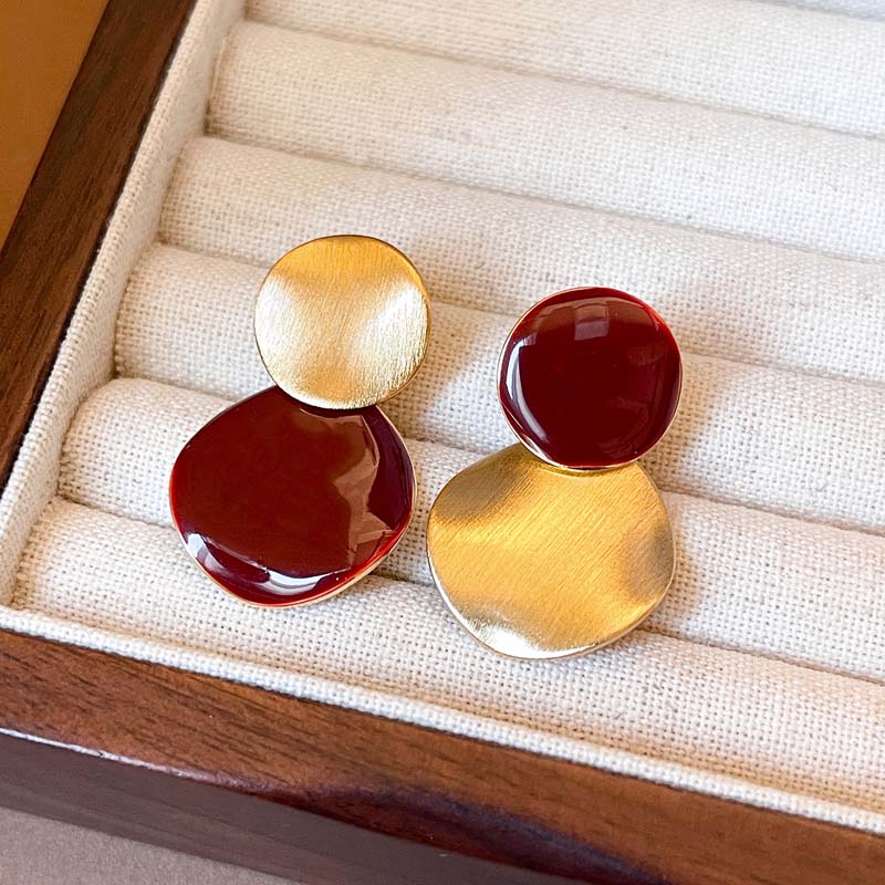 Fashion Asymmetric Frosted Earrings for Women Girls Exquisite Red Oil Dripping Circular Earrings Wedding Party Jewelry Gifts