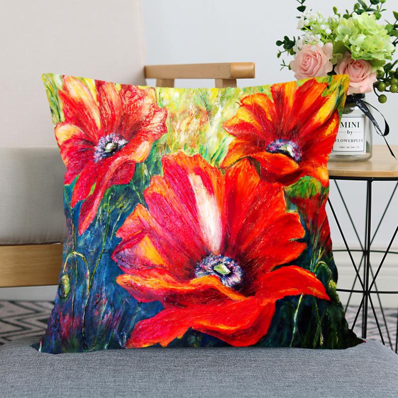 Red Poppy Flower Print Pattern Pillow Case Home Living Room Sofa Bedroom Decoration Soft Throw Square
