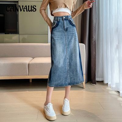 Frühlings- und Sommerkollisions-Jeansrock, Halbkörperrock, mittellanger, hoch taillierter, offener A-Linien-Rock für Damen