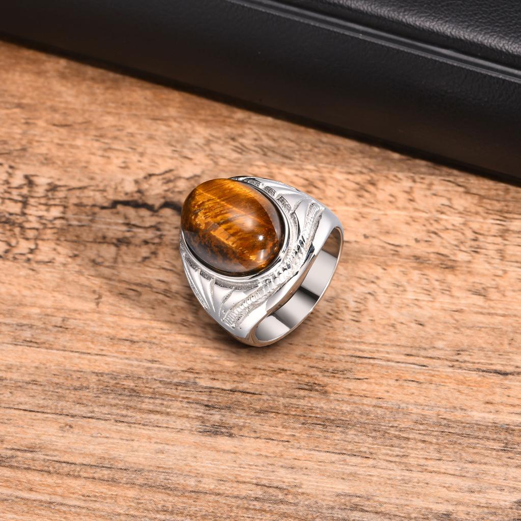 Brown Oval Rings for Men Boys,Natural Tiger Eye Stone Stainless Steel Ring,Punk Jewelry Gifts To Father Dad Husband Boyfriend