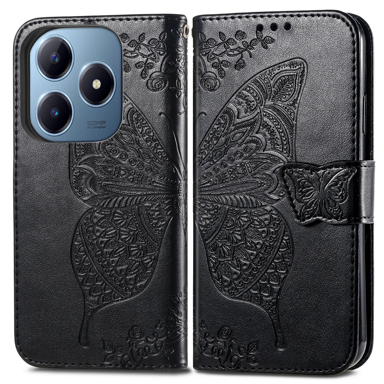 

For Realme Note 60x 4G/C63 4G/C61 4G Case PU Leather Wallet Phone Cover Butterfly Pattern Black