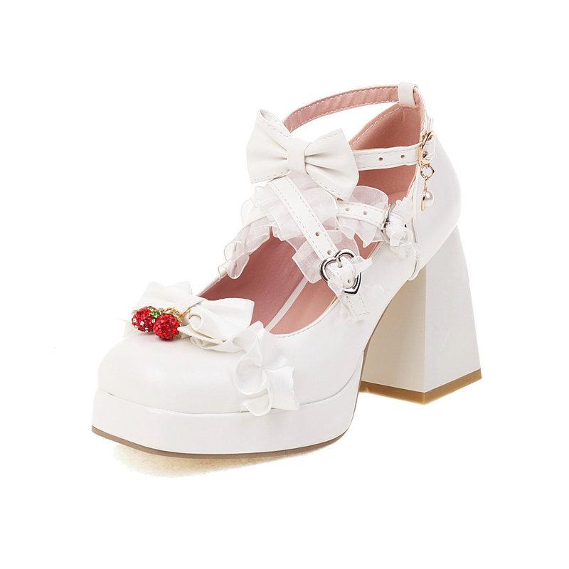 Ladies Woman Platform High Heel Sweet Lolita Cosplay Strawberry Pumps Square Toe 9cm Ladies Thick Heels Bowtie Buckle Size33-43