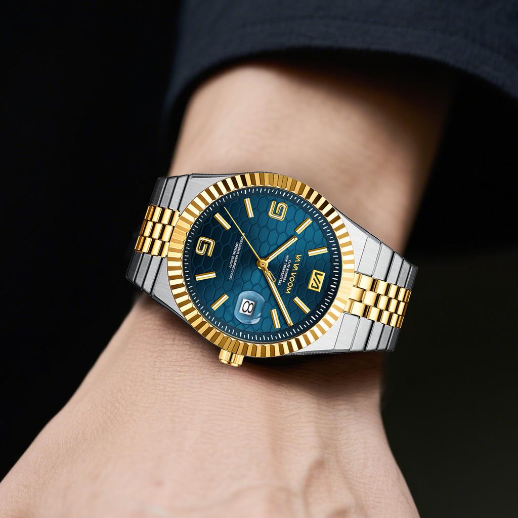 VA VA VOOM Men's Business Steel Belt Watch Honeycomb Texture Waterproof Luminous Watch High Value Calendar Watch