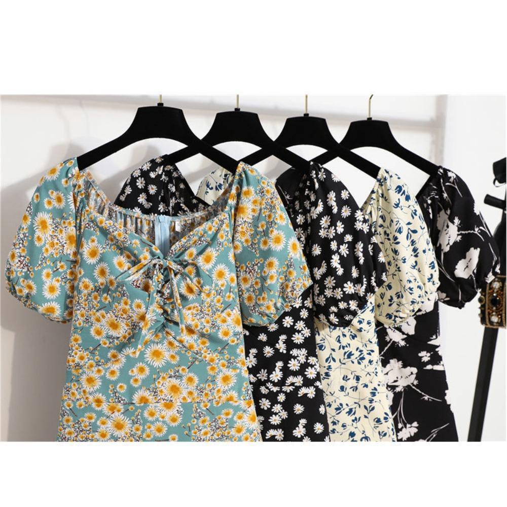 Abiti casual a vita alta con scollo a V a maniche corte con stampa floreale primavera estate moda donna