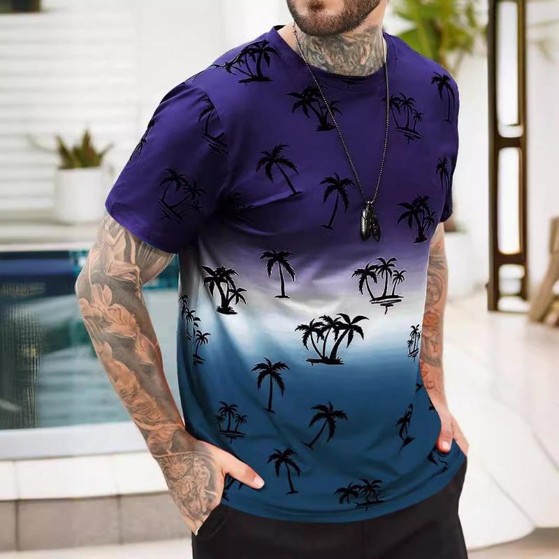 Grenzüberschreitendes minimalistisches Farbblock-3D-gedrucktes Kokospalmen-Kurzarm-T-Shirt, Europäische und Amerikanische Übergrößen-Sportbekleidung