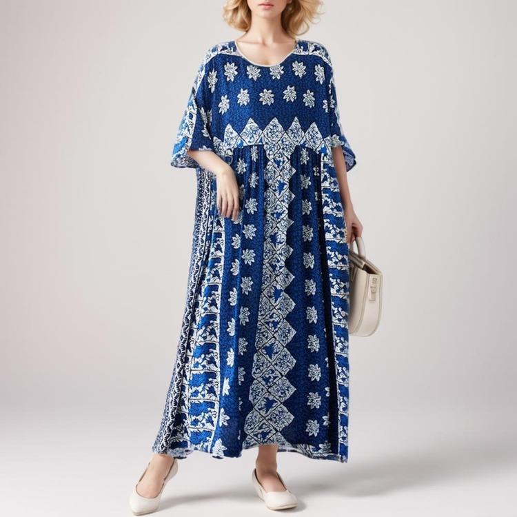 

Новое летнее макси-платье с цветочным принтом для женщин большого размера, винтажный стиль, свободное, с круглым вырезом, с короткими рукавами, праздничное платье 2XL