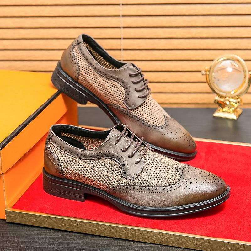 2024 New Mesh Breathable Summer Leather Shoes Business Luxury Brogue Carving Shoes Dress Shoes Retro Color Lace-up Fashion Shoes