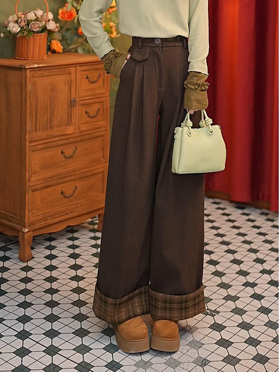 Zhang Jiayuan Women s High-Waisted Plaid Ruffled Wide-Leg Pants - Winter Slim Fit #G14903 Petite Version S