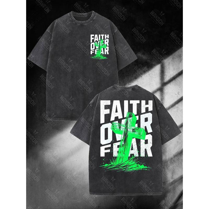 European Size Men'S 'Faith Over Fear' Pattern T-Shirt Oversized, Retro Streetwear, Shoulder Drop, Hip-Hop Style, Casual Short Sleeves T-Shirt