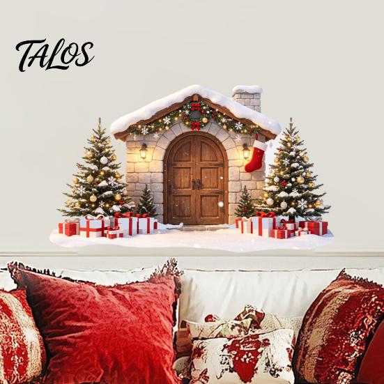 Holiday Party Supplies Snow House Wall Sticker for Christmas, Waterproof Stone Winter Decoration Decal, Removable Mural Living Room Bedroom Decals