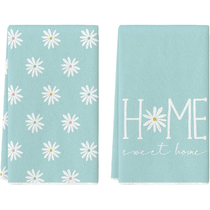 Artoid Mode Blue Home Sweet Home Flowers Kitchen Towels Dish Towels, 18x26 Inch Summer Decoration Hand Towels Set of 2
