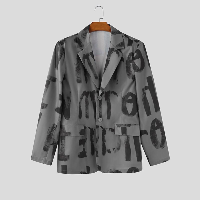 INCERUN Oversized Spring Men Lapel Neck Long Sleeve Print Button Thin Blazer Coats