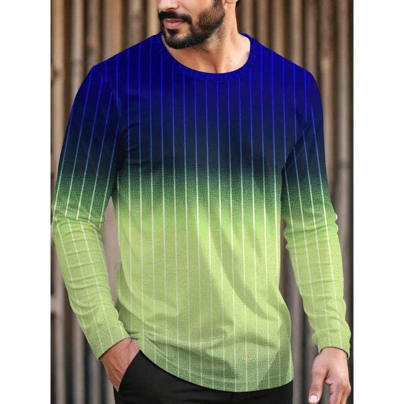 Autumn and Winter Men's Striped Geometric 3D Printed Crew Neck Long Sleeve T-Shirt