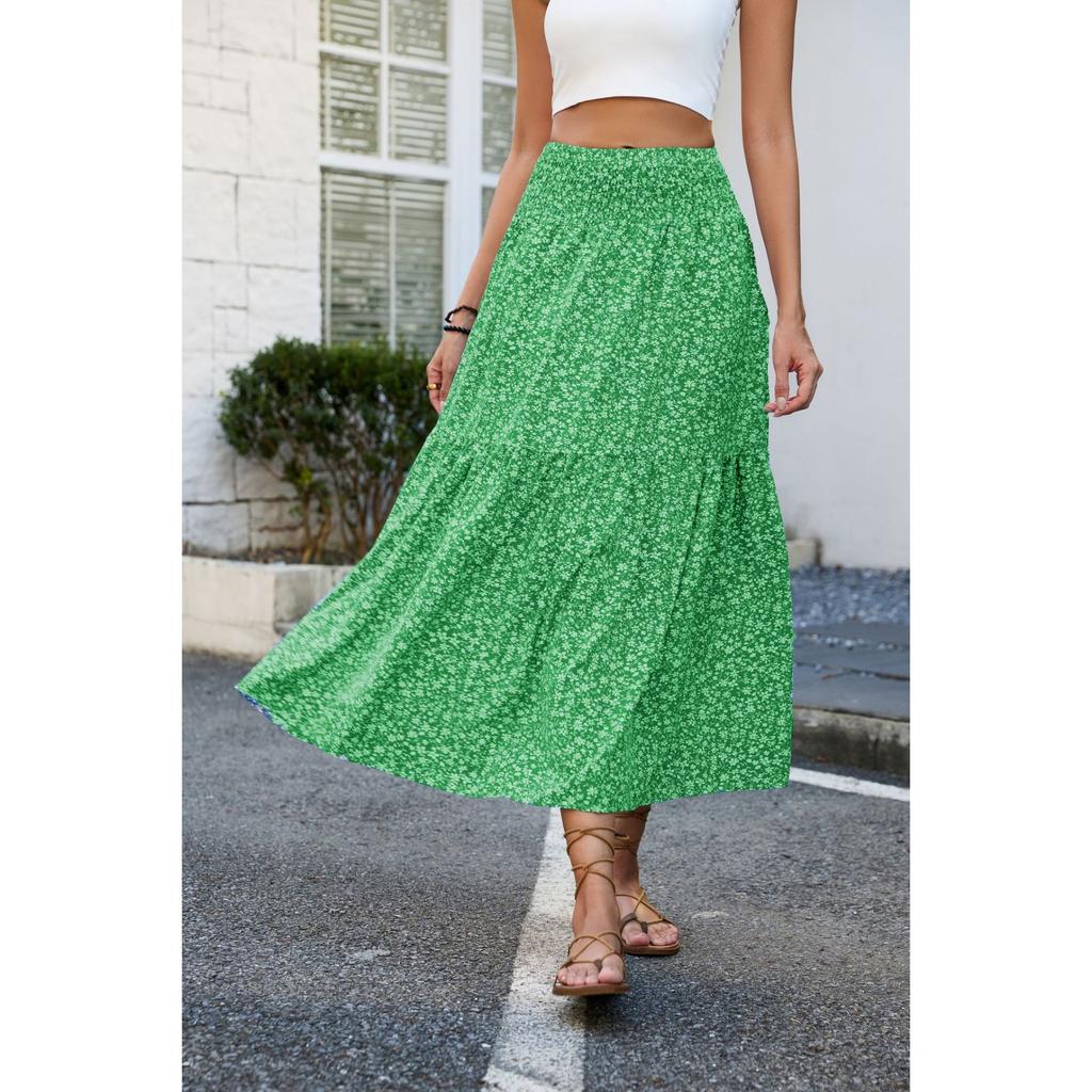 European and American Fresh Floral Long Skirt Slim Fit and Slimming Pleated High Waisted Skirt