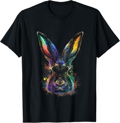 Colorful Rainbow Watercolor Rabbit Graphic Tee Men Casual Crew Neck Daily T-Shirt Easter