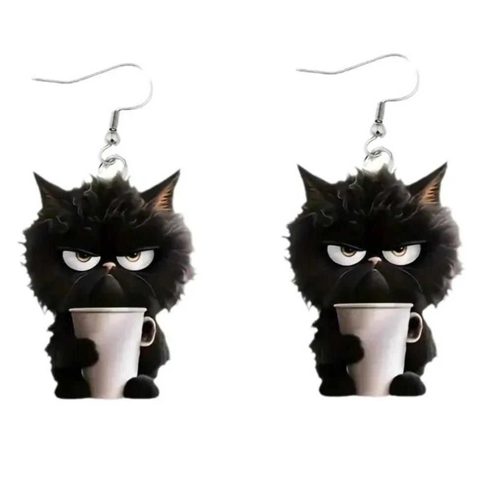 2D Flat Angry Black Cat Women Acrylic Earrings Fashion Cute Small Animals Unique Earrings for Girls Accessories Personality Gift