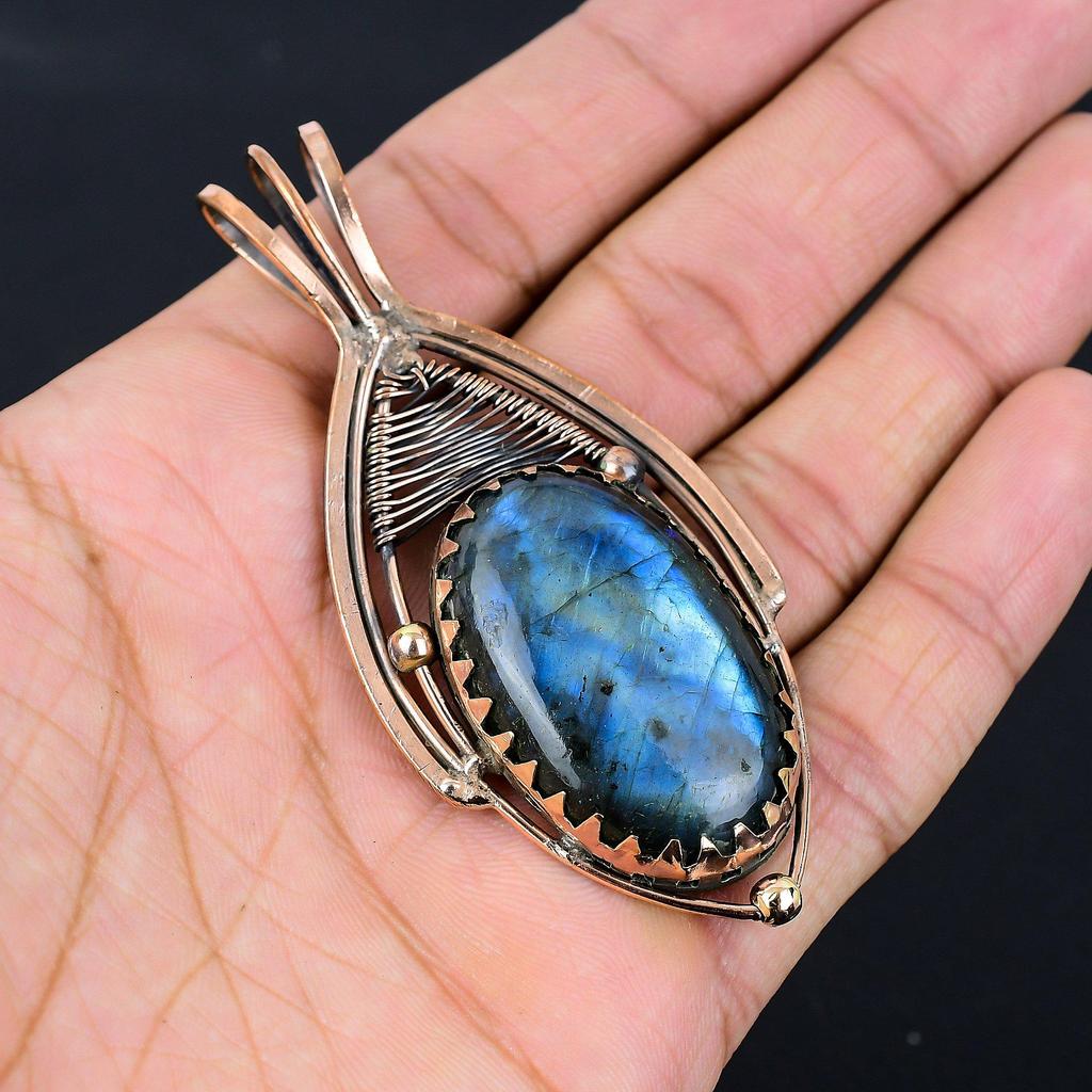 Labradorite Gemstone Pure Copper Wire Wrapped Handmade Pendant Jewelry For Gift
