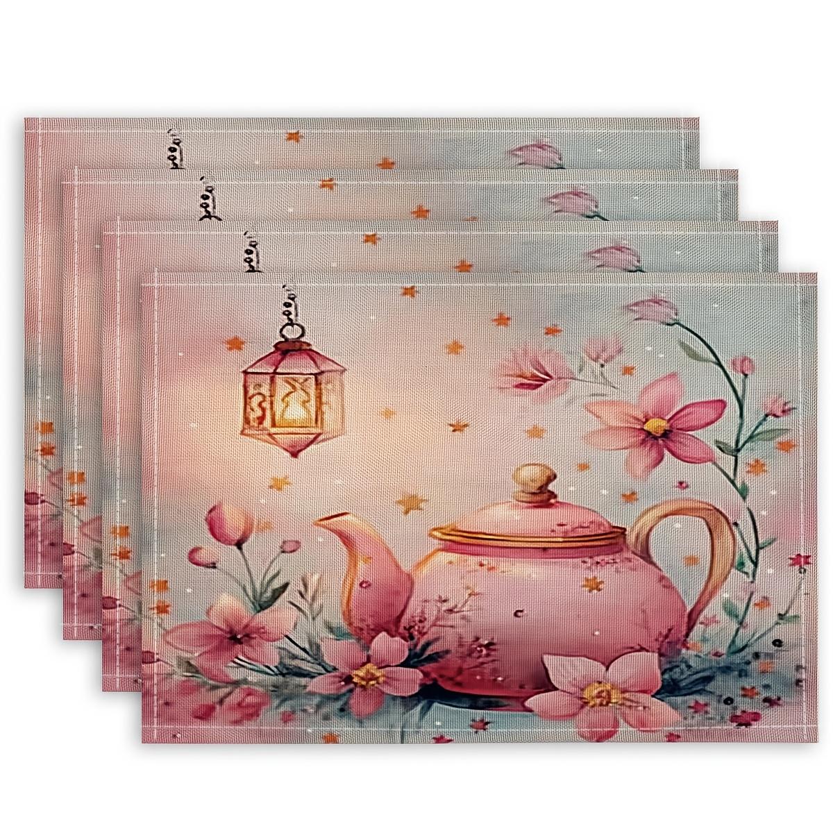 

Teapot Floral Placemats Linen Tea Party Theme Dining Mats Vintage Kitchen Decor Pink Flowers Lantern Design Home Accessories 4Pcs-30X45cm(12X18in