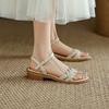 Fashion 2025 New Summer Open Toe Low Heel Braided Line Button Beach Line Sandals Flat Soft Leather Retro Roman  Women