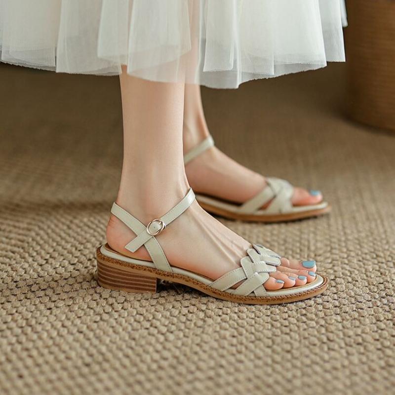 Fashion 2025 New Summer Open Toe Low Heel Braided Line Button Beach Line Sandals Flat Soft Leather Retro Roman  Women