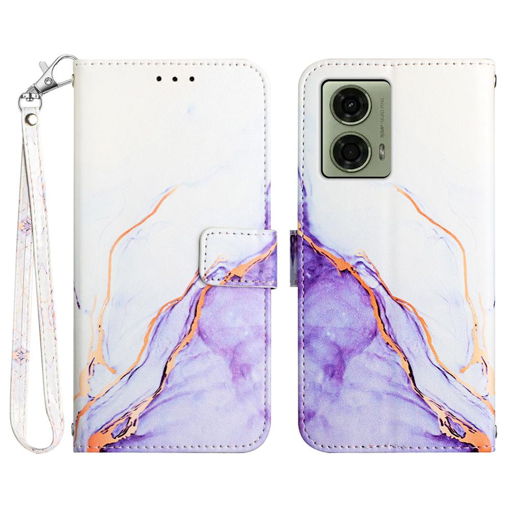 

For Motorola Moto E14 4G/G04 4G/G04s 4G/G24 4G Case with Strap Marble Pattern Leather Phone Cover Card Holder White/Purple LS006