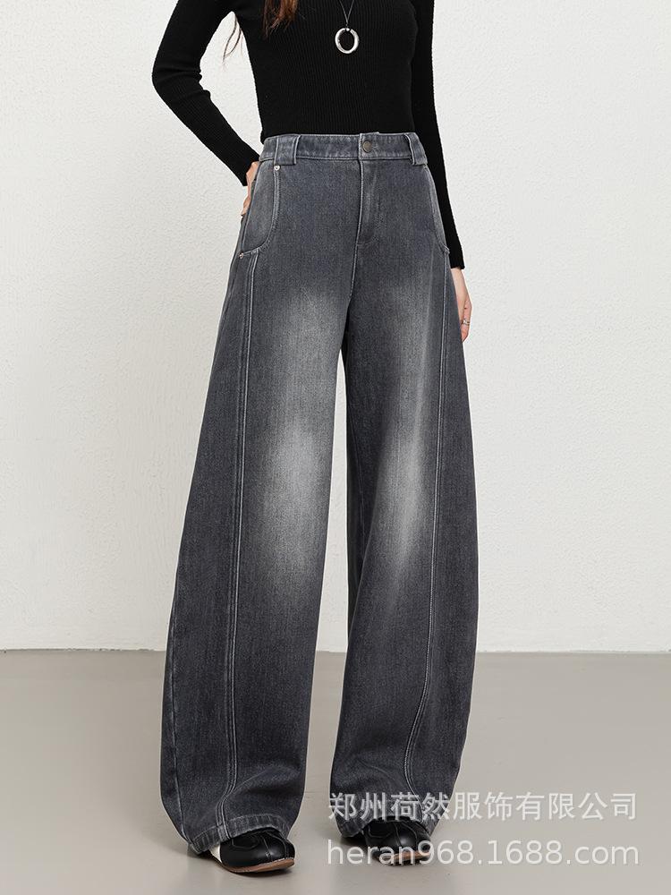 Women's High-Waisted Wide-Leg Cropped Velvet-Lined Denim Pants - Winter Thickened Slim Casual Style