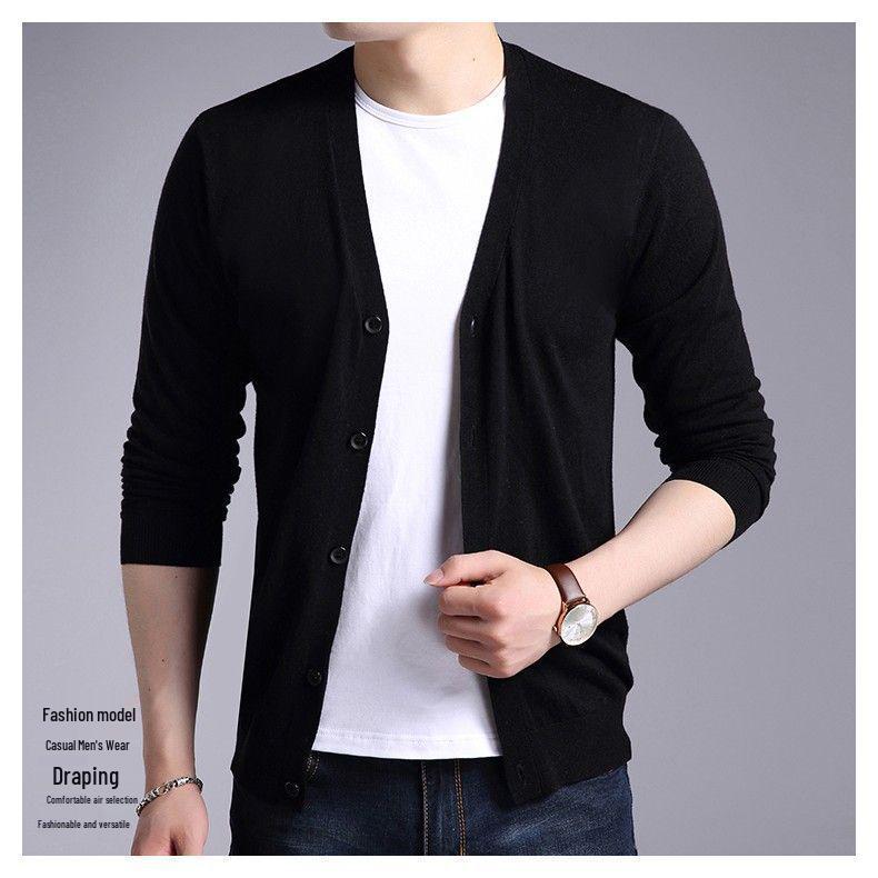 2023 Herren Koreanischer Stil Schwarzer Strick-Cardigan - Frühling/Herbst Knopfleiste Lockerer Pullover für Männer mittleren Alters