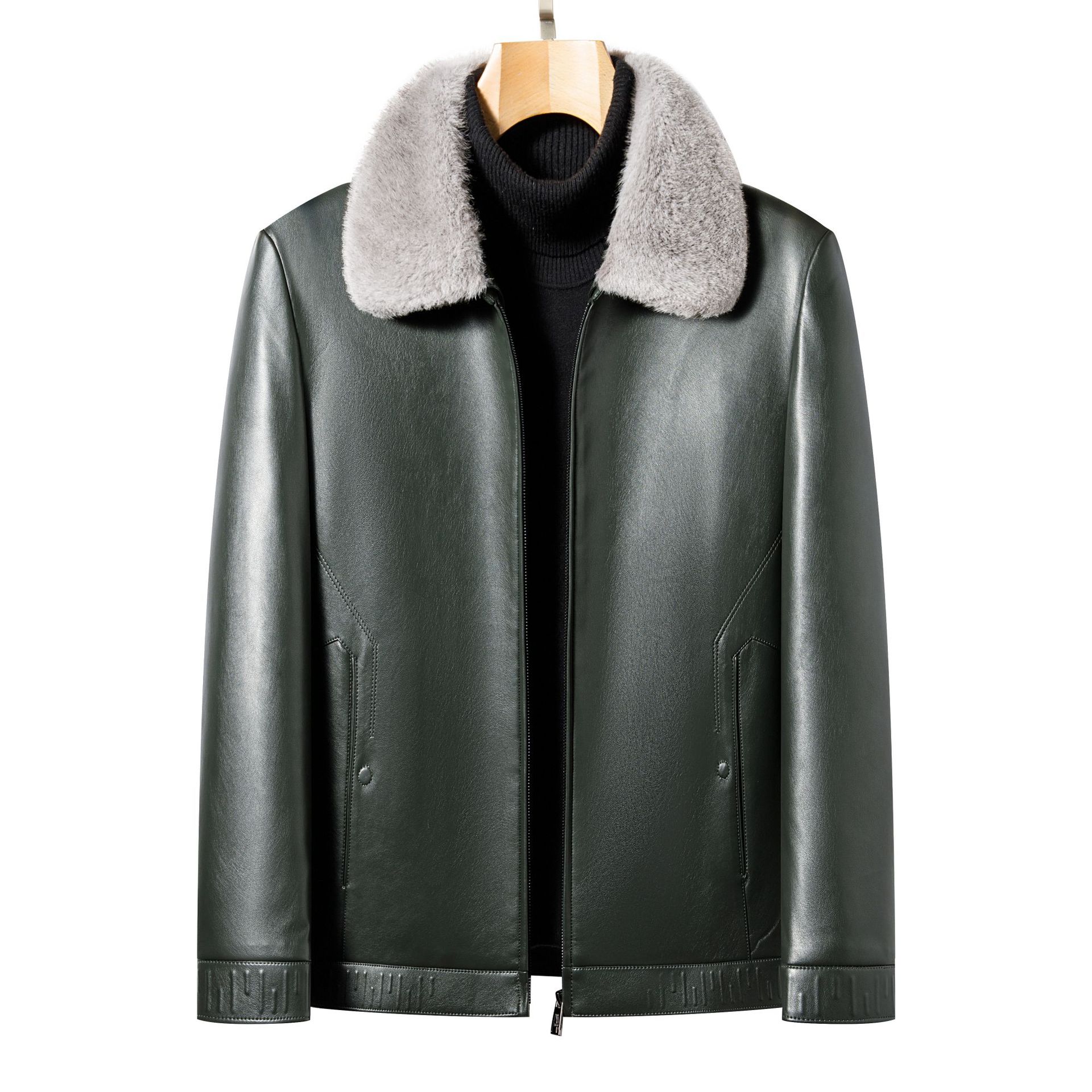 

Новое осенне-зимнее пуховое пальто из натуральной кожи для мужчин среднего возраста, кожаное пальто с утолщенным овечьим поясом, пальто с меховым воротником, кожаное пальто M