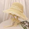 Women's Summer Lace Trim Straw Hat with Bow and Sun Protection