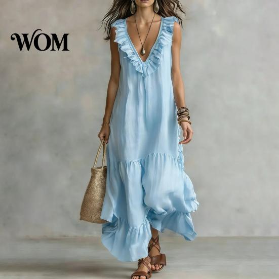 Mid-length Loose Dress Women's Deep V Neck Ruffle Trim Maxi Dress, Sleeveless Fit Flowy Beach Sundress, Summer Casual Tiered A-line Long Women