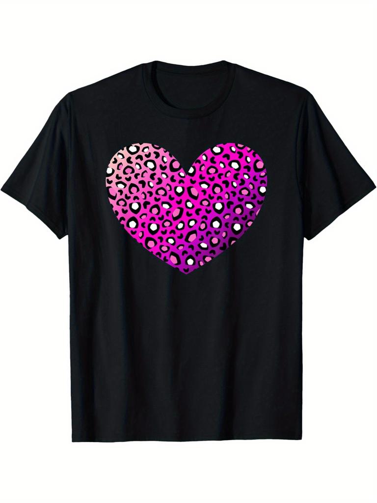 Fashion Leopard Heart Print Pink Purple T-Shirt Casual Cotton Short Sleeve Crew Neck Tee
