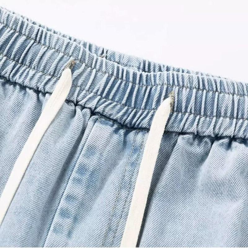 Men Casual Denim Shorts Male Elastic Waist Straight Leg Comfortable Light Blue Soft Short Pants Baggy Wide Leg Jeans