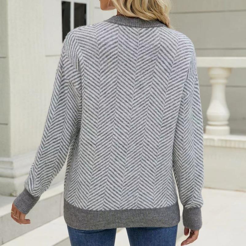 IHUASU Damen Herbst und Winter Gestreifter Mode Langarm O-Ausschnitt Gestrickter Lockerer Patchwork Pullover Pullover