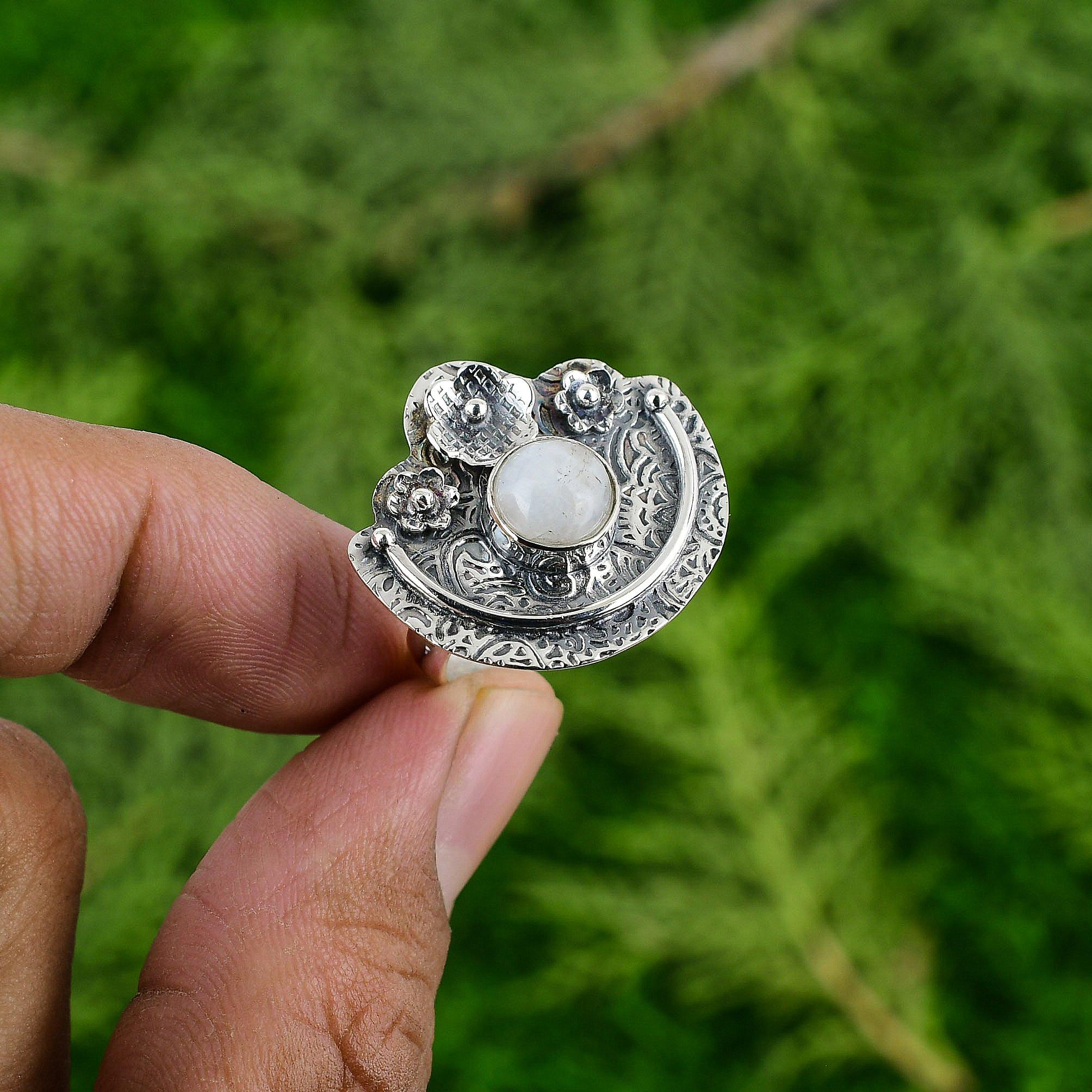 

Кольцо-солитер из серебра 925 пробы с натуральным радужным лунным камнем в форме цветка, регулируемое Adjustable