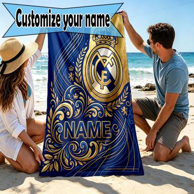Personalizowany Ręcznik Plażowy z Nadrukiem Real Madryt CF i Imieniem, na Wycieczkę Kemping Imprezę Plażową Wystrój Domu, Prezent Urodzinowy dla Rodziny i Przyjaciół